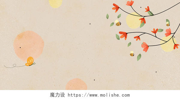 浅灰色红黄花朵枝叶噪点简约现代唯美中国风清新文艺春天展板春天背景